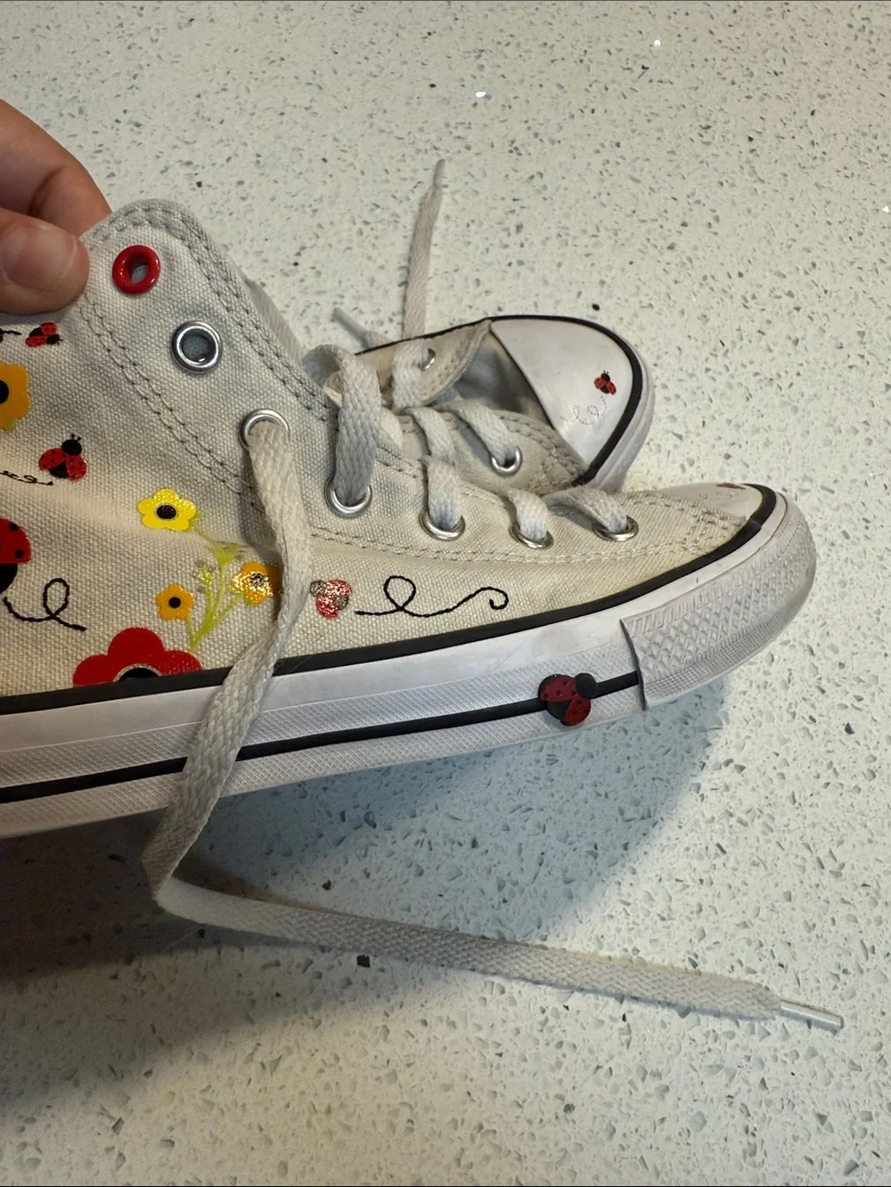 Converse Kids White High-Top Sneakers with Ladybug & Floral Accents